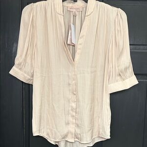 Philosophy Soft Peach V-Neck Pleated Short Sleeve Blouse